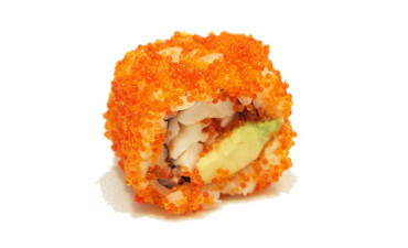 Uramaki de llagostins, alvocat i ous de peix volador